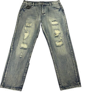 Mens Distressed Jeans Size 38 Vintage Wash Straight Leg Ripped Denim Y2K Style